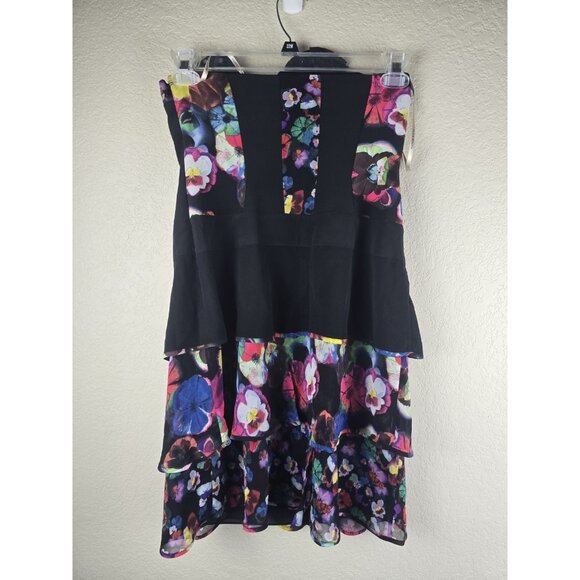 Karen Millen Black Floral Corset Tiered Mini Dress UK 12 US 8 Strapless Silk - Picture 4 of 9